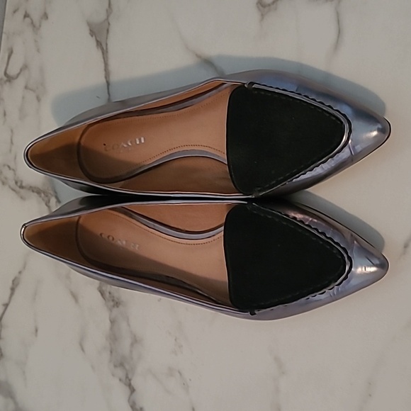 Coach Walsh Silver Metallic Mirror Leather Black Suede Pointed Toe Flats Shoes 6 - Picture 9 of 14